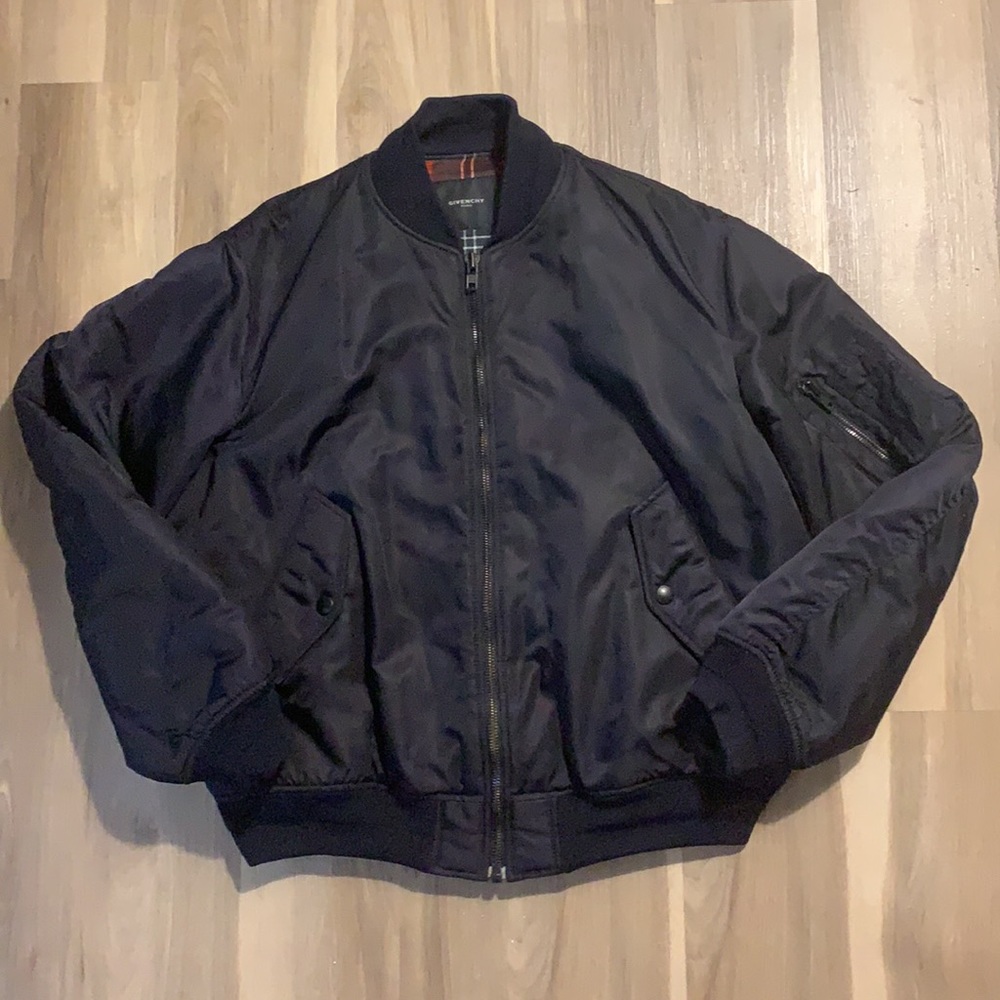 Givenchy navy bomber jacket w/ plaid lining, sz 48 - Picture 2 of 14